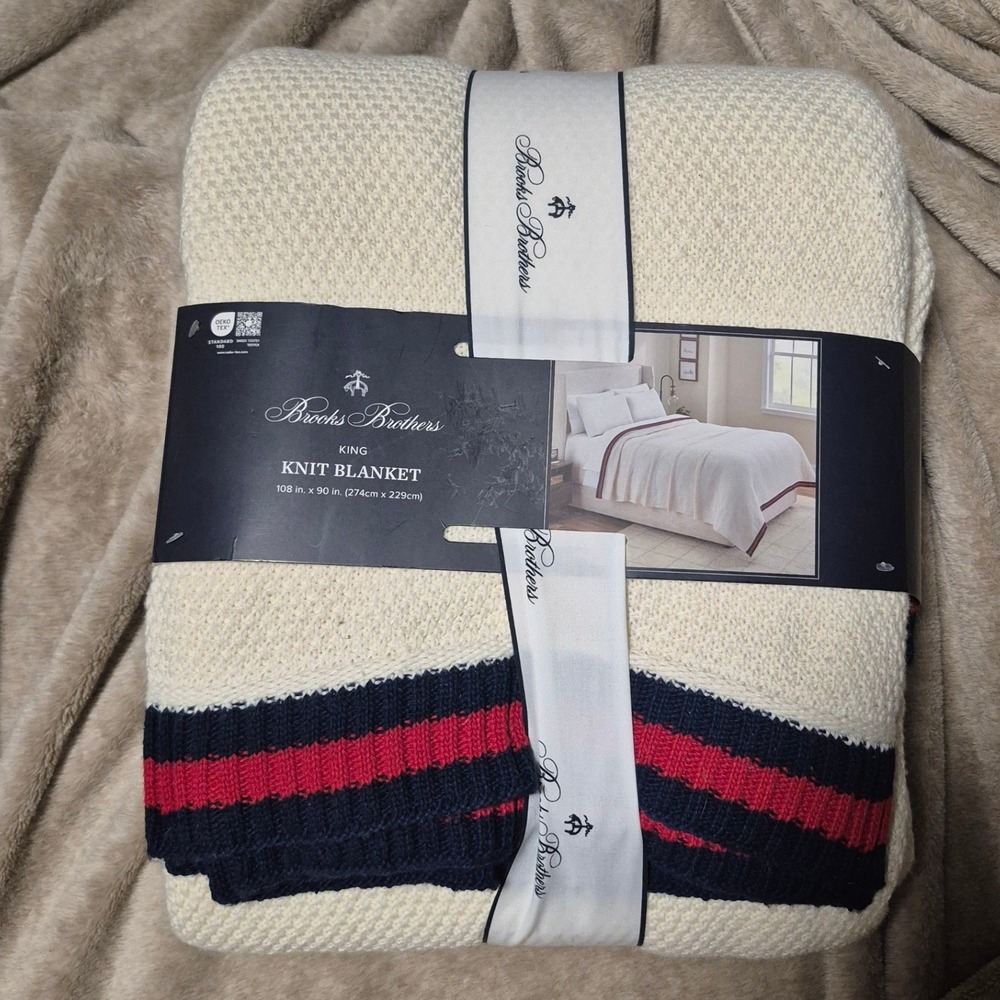 Brooks Brothers King Knit Blanket Cream Red Navy Blue Stripe 108x90 New